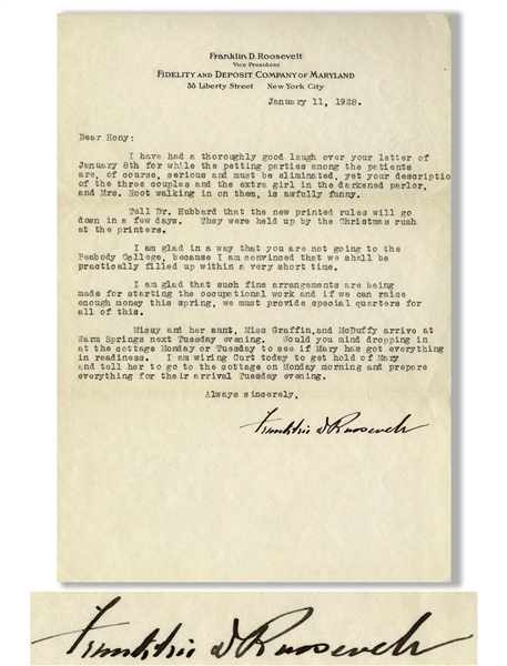 Franklin D. Roosevelt Letter Signed to His Physical Therapist -- ''...I have had a thoroughly good laugh over your letter...while the petting parties among the patients are, of course, serious...''